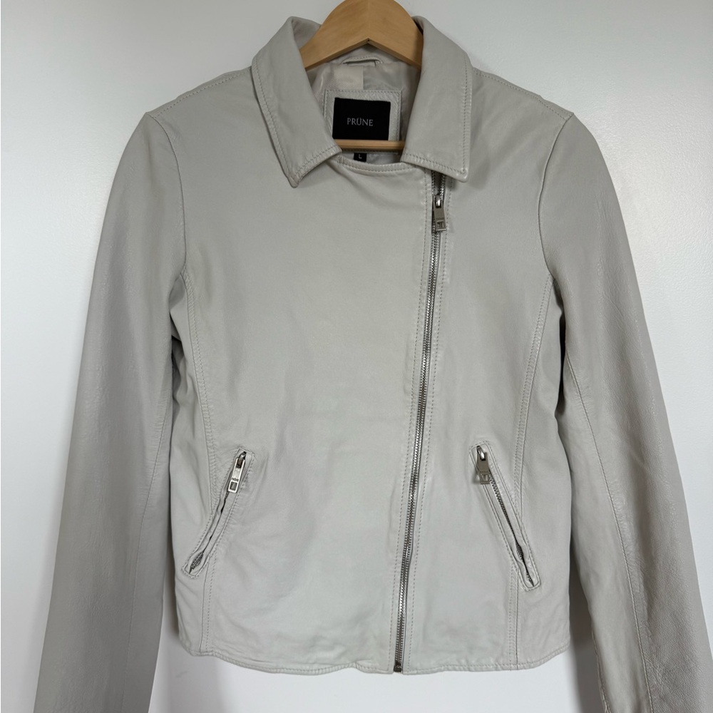 Prune Light Gray Leather Moto Jacket Asymmetrical Zipper